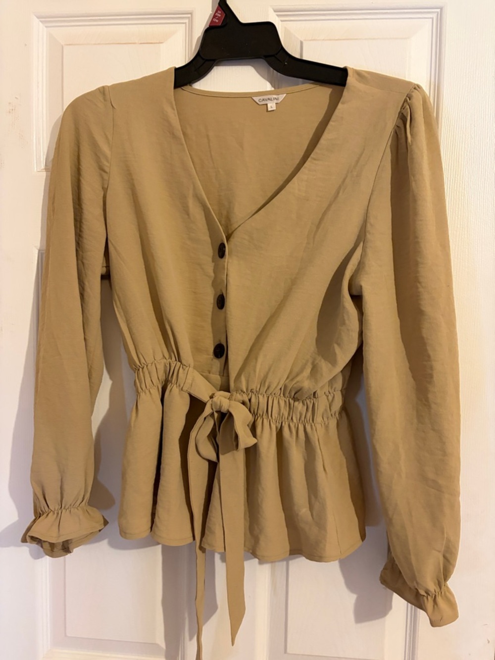 Cavalini Sage-Tan V-Neck Tie-Waist Blouse HOM 1034 B